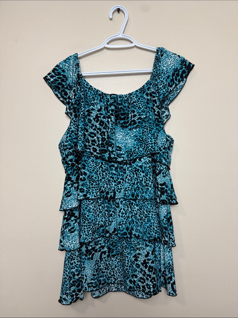 New women Design Tiered Teal Animal Print Mini Dress size 1X